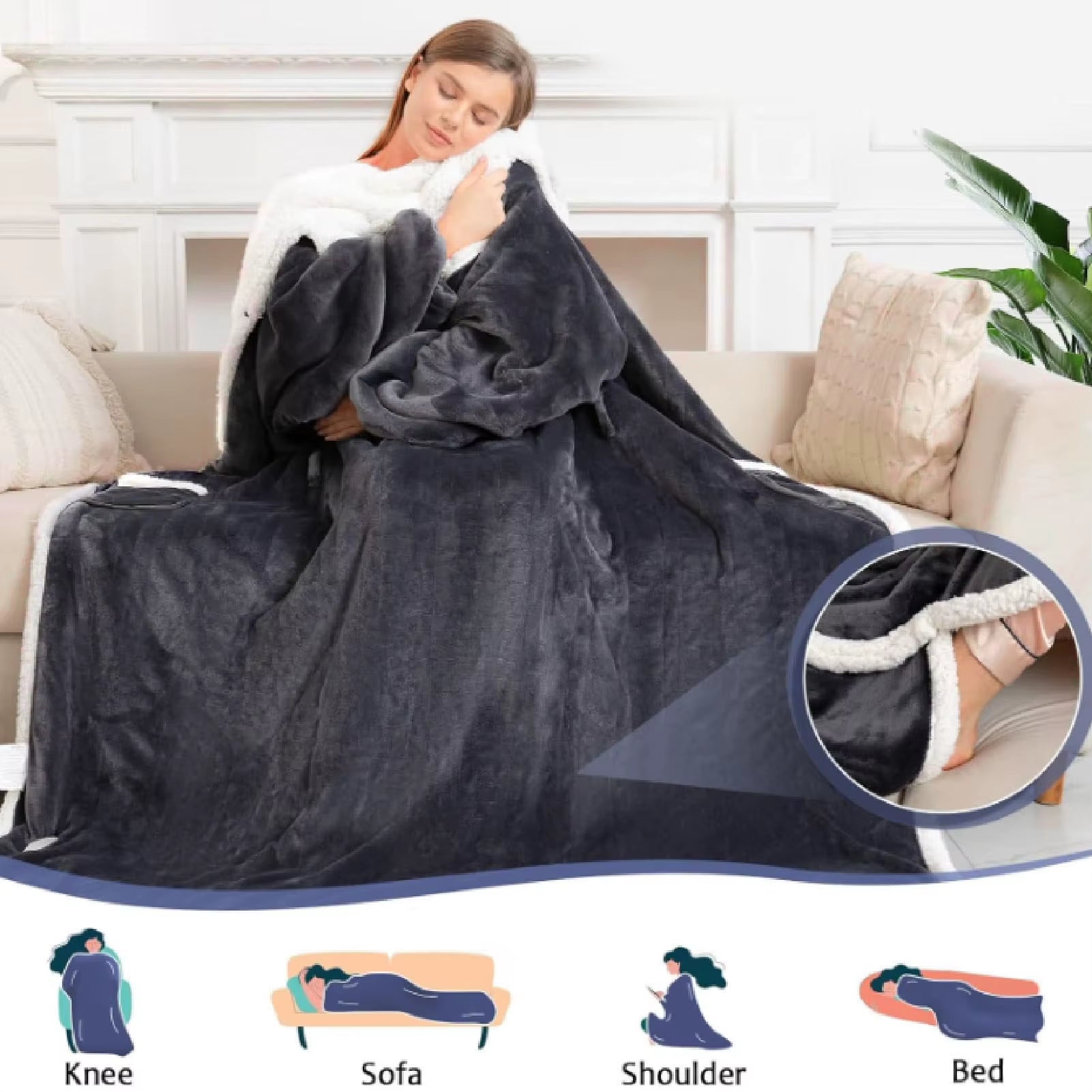 【Hot】50X70Inch Electric Wearable Blanket with Sleeves Hood and Foot Pocket Flannel 10 Heating Levels with 3 Time Settings