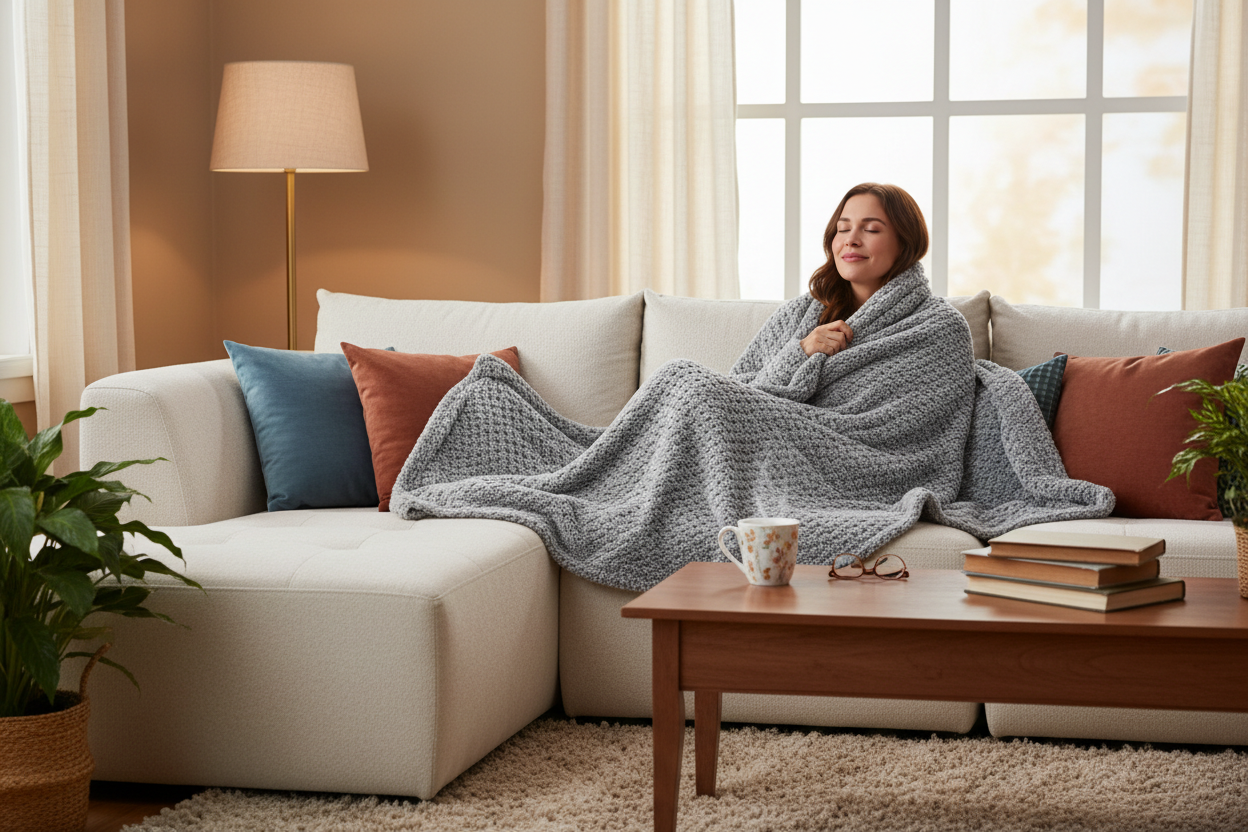 woman with comfy heated blanked in couch